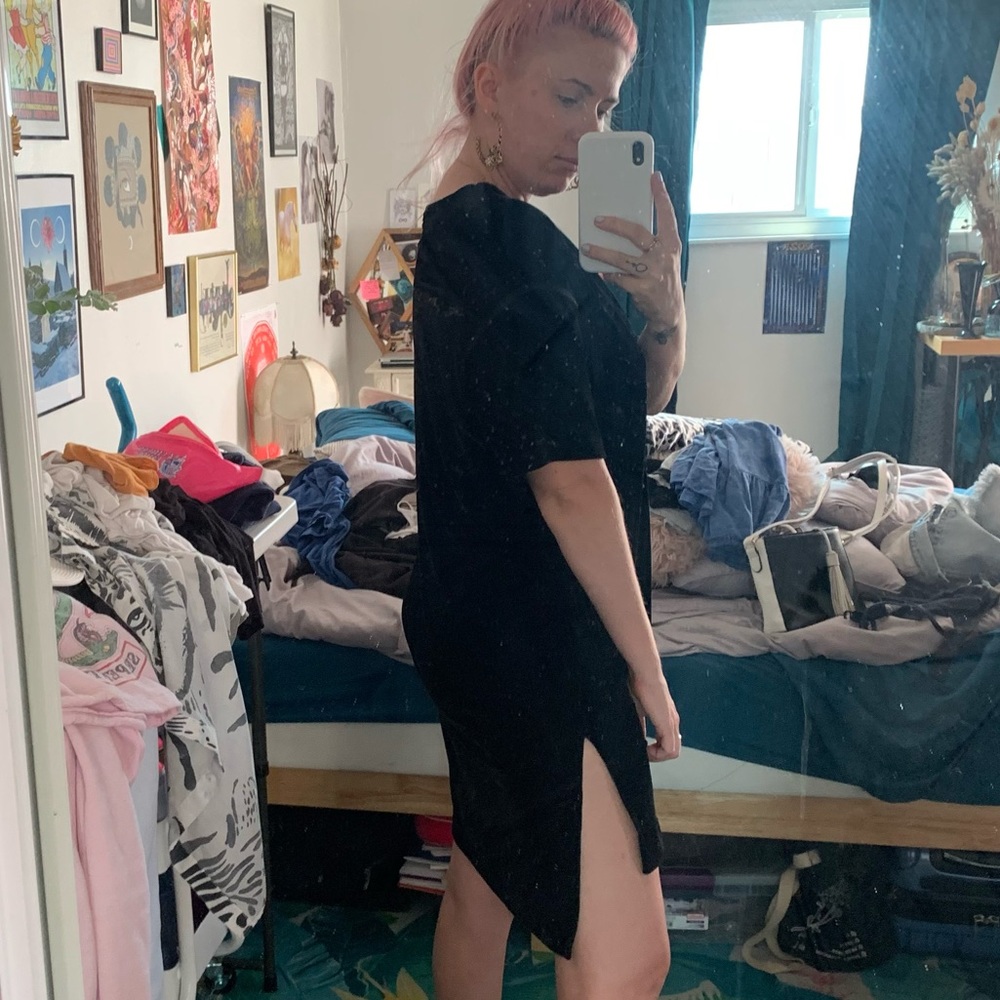 Black asymmetrical t shirt dress with slit
